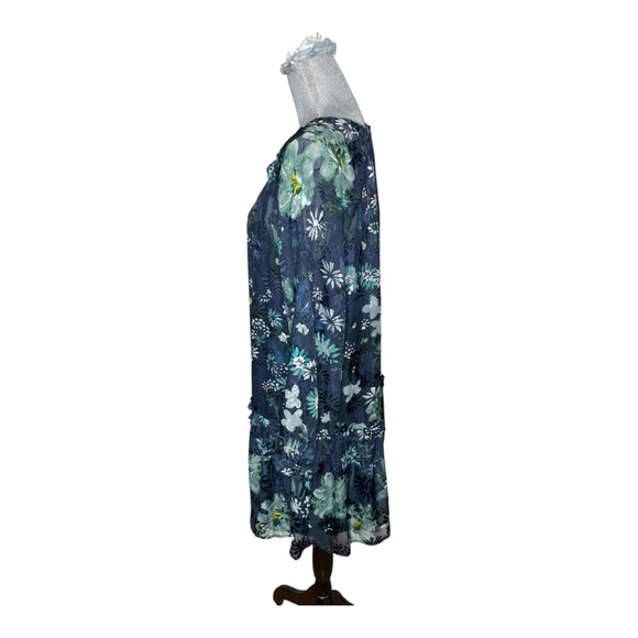 Ann Taylor Loft Floral Sheer Navy Blue Winter Garden Flounce Flare Dress Medium - Picture 4 of 10